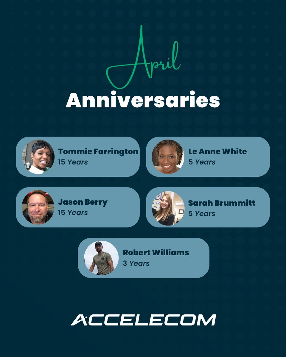 AccelecomFiber's tweet photo. Join us in celebrating our April work anniversaries at Accelecom! 👏 We’re grateful for the dedication, talent, and impact each of these team members brings to our organization every day. Your commitment helps drive our mission forward and keeps our network strong. https://t.co/C31wSDHB0q