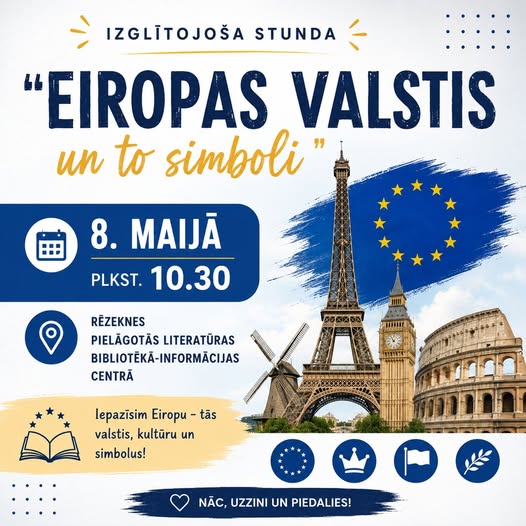 8. maijā plkst.10.30 aicinām uz izglītojošu pasākumu - neklātienes ceļojumu pa Eiropu, lai uzzinātu nozīmīgus faktus par valstīm, iepazītu to simbolus, kultūru, atcerētos ievērojamākos rakstniekus un grāmatas.
Attēls izveidots ar MI rīku