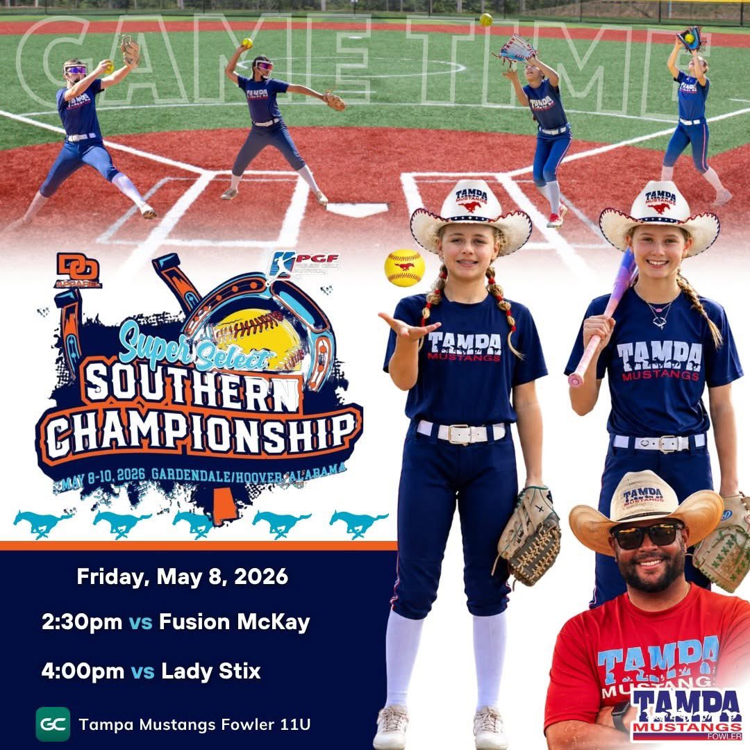 TMF3233's tweet photo. 🤠 SUPER SELECT SOUTHERN CHAMPIONSHIP

📍 Gardendale
📅 Friday, May 8
⏰ 2:30 PM vs Fusion McKay
⏰ 4:00 PM vs Lady Stix

Let’s ride 🐎💙❤️

@TampaMustangs @PGFnetwork @LineDsoftball @ExtraInningSB @PrepSoftball https://t.co/i7l4XAlz9e