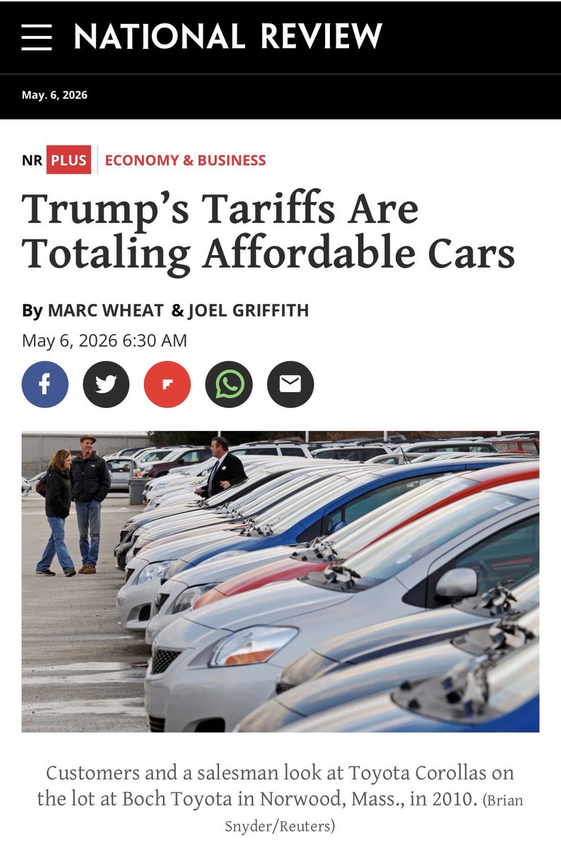 joelgriffith's tweet photo. Trump’s tariffs are totaling affordable cars. New car prices are near all-time highs, used car prices and repair costs are rising, and the Corolla is on the endangered species list. Jobs are at stake too. Vehicle & parts production are in recession & vehicle exports are off 20%. @MarcWheat @AmericanFreedom