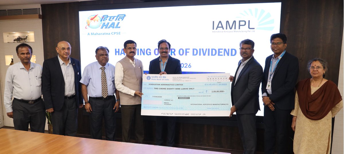 HALHQBLR's tweet photo. Shri Ravi K, CMD, HAL, received a dividend cheque from IAMPL (HAL–Rolls-Royce JV) for FY25–26 in Bengaluru today. IAMPL posted its highest-ever revenue of ₹460 crore (31% YoY), dividend up 36% and a 33% CAGR over the past five years. https://t.co/NIj5bAlgoI