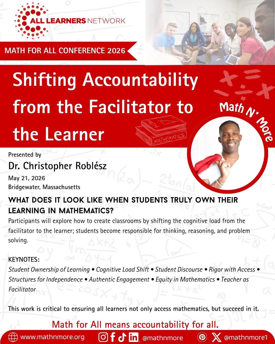 MathNMore1's tweet photo. What if the students did the thinking… not the teacher?

Join @Roblesz at #MathForAll2026 to explore how shifting the cognitive load transforms learning.

📍 May 21 | Bridgewater, MA
🎟️ Register now

#MathNMore #MathIsLife #MathEducation #StudentOwnership #EdChat #K12Education https://t.co/byYIeyQw0A