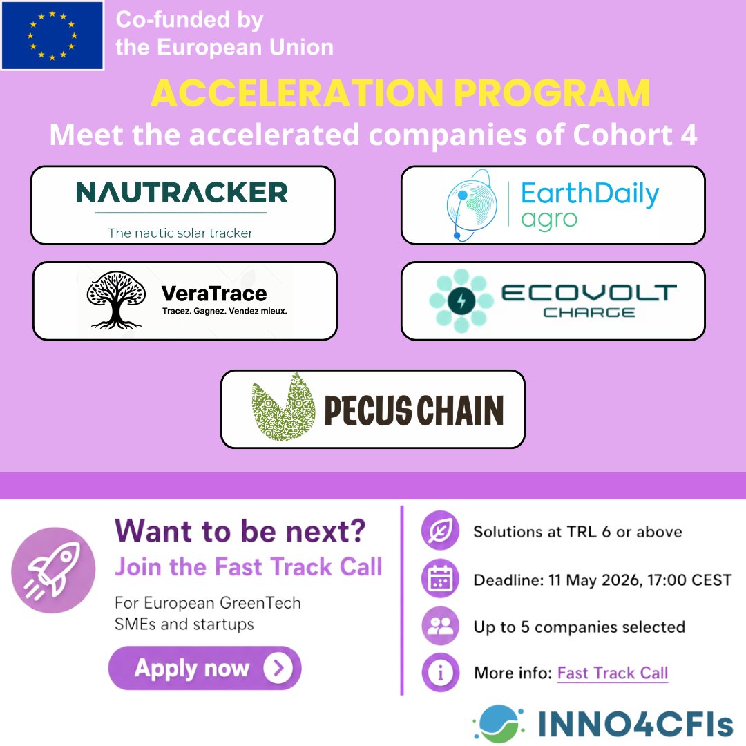 INNO4CFIs's tweet photo. 🚀 Meet Cohort 4 of the #INNO4CFIs Acceleration Program!

8 GreenTech SMEs and startups are joining to boost carbon farming, sustainability and climate-positive innovation.

Fast Track Call open for TRL 6+ solutions.
📅 Deadline: 11 May, 17:00 CEST
👉 https://t.co/6kxBvv2KAQ https://t.co/3OQrFrM4JK