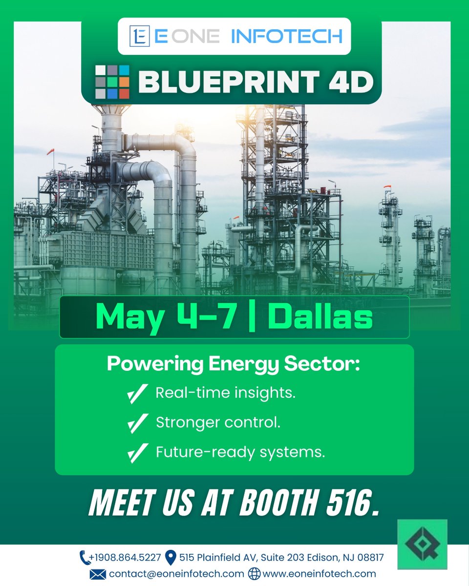 EOneInfotech's tweet photo. Powering the future of Energy ⚙️🔥
Meet eOne Infotech at BLUEPRINT 4D
📍 Dallas | May 4–7 | Booth 516 🚀
#Blueprint4D #EnergySector #DigitalTransformation #eOneInfotech #EnterpriseTech #Innovation https://t.co/d6hP9Gld9w