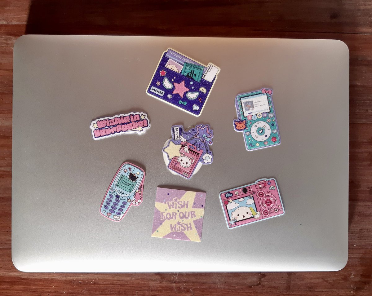 the_charmlab's tweet photo. glitter laminated die cut stickers — mood pack details 𐚱