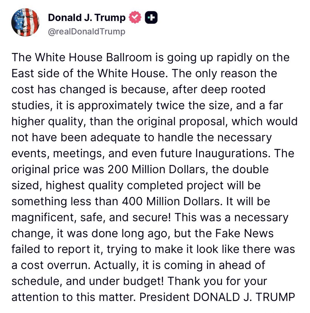 pete_elit's tweet photo. 🚨: President Trump just announced the White House Ballroom project is COMING IN AHEAD OF SCHEDULE and UNDER BUDGET! https://t.co/R4ypiVOYIC