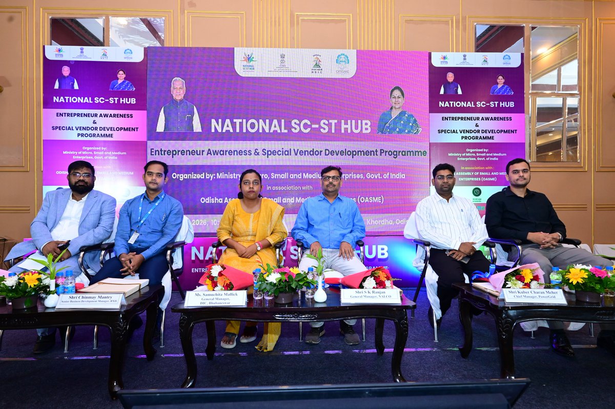 nsshobbsr's tweet photo. The National SC‑ST Hub (MoMSME), in association with OASME organized the EA&amp;SVDP on 29th April 2026 at The HHI, Bhubaneswar, Odisha, with 100+ SC‑ST entrepreneurs and stakeholders participating.
#MoMSME #NSSH #NSIC #OASME #EA&amp;SVDP 
@minmsme @scsthub @NSICLTD @OASME_Odisha https://t.co/K35pZZHHEk