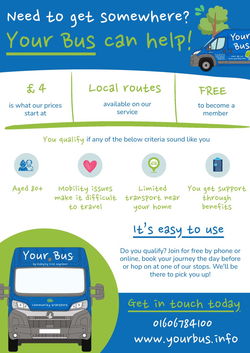 HealthwatchCW's tweet photo. Getting somewhere shouldn't be a struggle. YourBus is a community transport service with fares from £4, free membership, and local routes – for those aged 80+, with mobility issues, or living somewhere hard to reach

Call 01606784100 or visit https://t.co/YMkFs8LcvN for more info https://t.co/D7S730pcNk