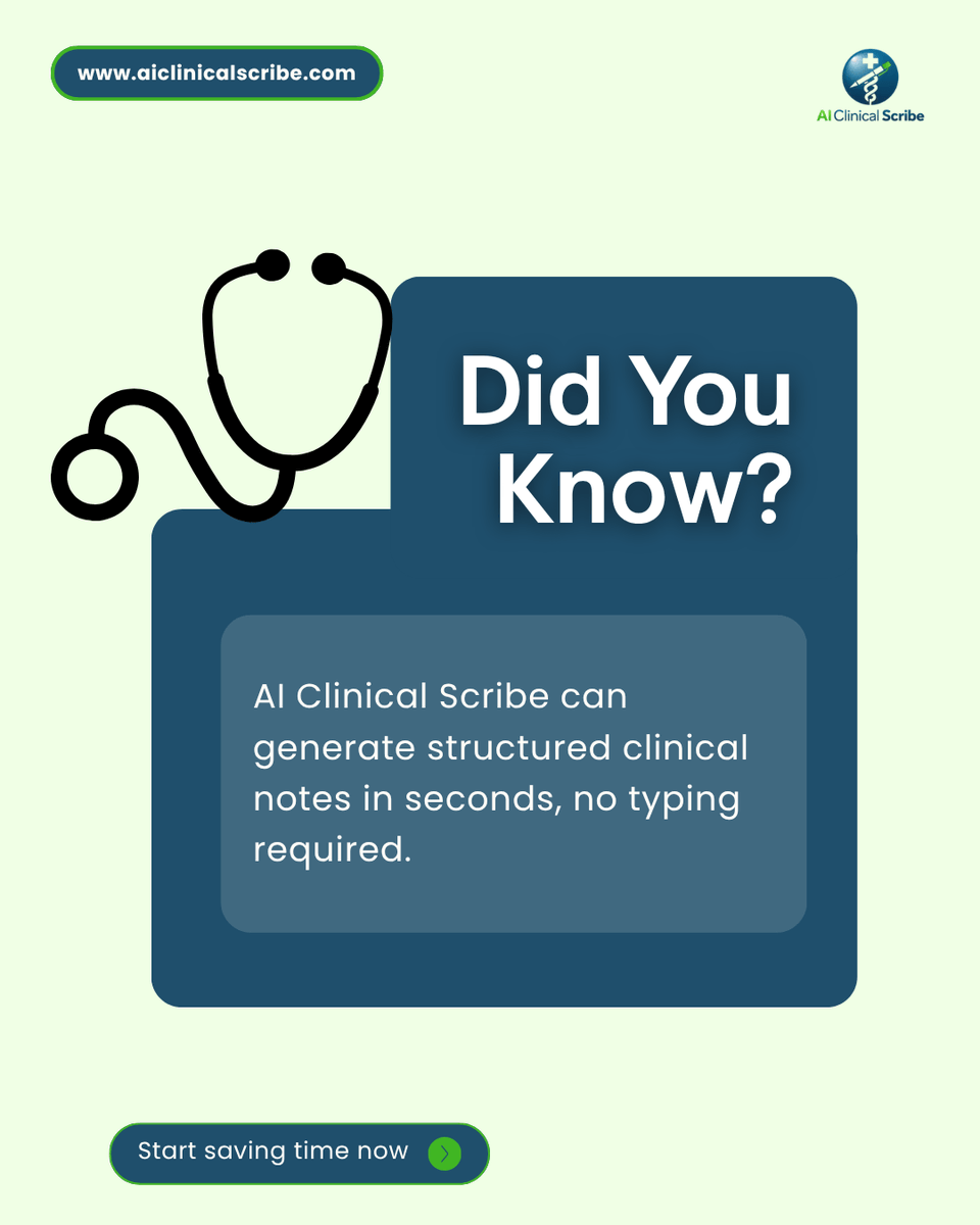 AICScribe's tweet photo. Did you know?

Your notes can be done before the visit ends.
AI Clinical Scribe turns patient conversations into structured notes in seconds, fast, accurate, and effortless.

Start saving time and focus more on patient care.

#AIScribe #DidYouKnow #MedicalAI #HealthTech #AItools https://t.co/4GqkjR20lV