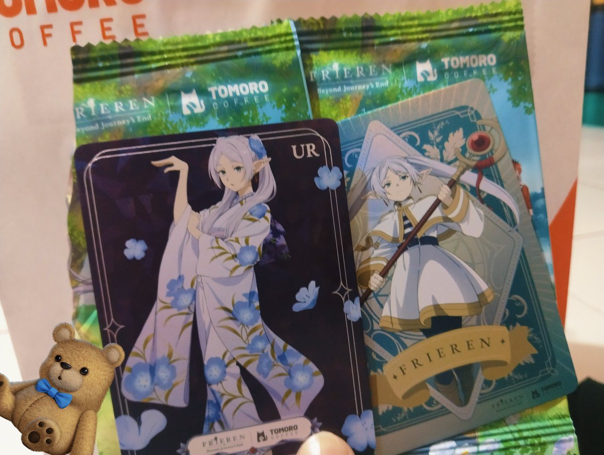 bBeomchyu's tweet photo. Serba serbi tomoro edisi healing with Frieren (๑•ᴗ•๑)♡ udh koleksi 3 common card, 1 ultra rare, standee fern x stark, sama ga lupa color changing nyaa 🙌🏻(๑•ᴗ•๑)🙌🏻 https://t.co/BJqikRRJjX
