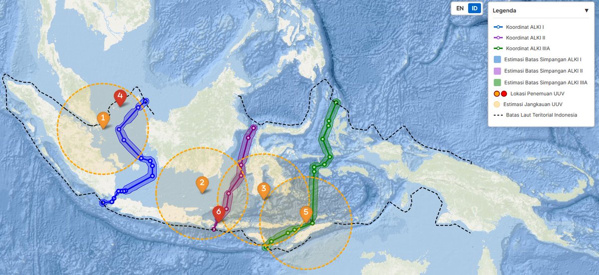 ibrafdj's tweet photo. Kalo kita asumsikan semua underwater glider (marker orange di peta) itu model Sea Wing 1000 (2011), jangkauannya bisa sampai 500km.

Jangkauannya semua beririsan dengan jalur ALKI. Berarti bisa aja UUV ini diluncurin dari kapal asing yang lagi melintas secara legal lewat ALKI. https://t.co/dj2ACMY97V