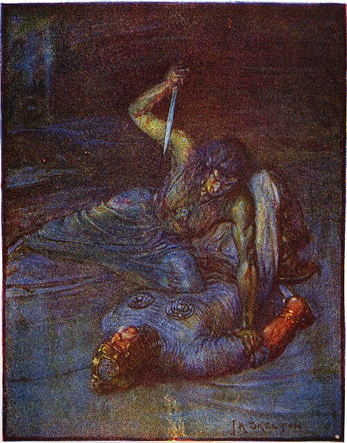 HistoriumU's tweet photo. Grendel’s mother in Beowulf is not just a monster seeking revenge. She is a grieving parent, moving through the marsh to avenge her son, her fury rooted in something deeply human but expressed in a way the world cannot accept. #WyrdWednesday

Art: Joseph Ratcliffe Skelton https://t.co/TYq73s3fII