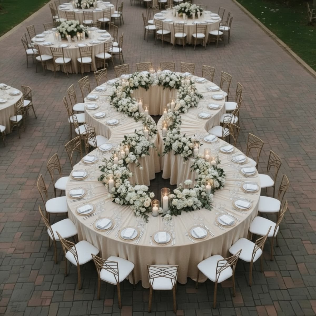 Merrybrides's tweet photo. This figure‑eight table setup is such a standout — elegant, unexpected, and perfect for creating a connected, intimate vibe. The soft florals + candlelight + gold chairs combo is doing all the heavy lifting. A layout that actually feels like a celebration. https://t.co/U3R2LKsfr7