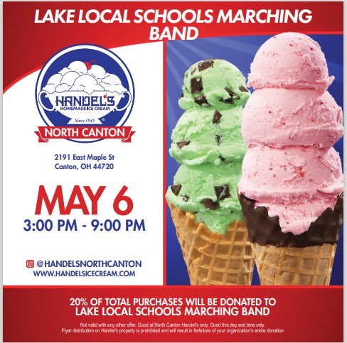 LakeBands's tweet photo. Tonight! 🍦🍦Be sure to support the Lake Bands tonight at Handel’s Homemade Ice Cream in North Canton! Show your flyer each student received in class to have 20% of the total purchases donated to the Lake Bands! https://t.co/fOzqELDaPw