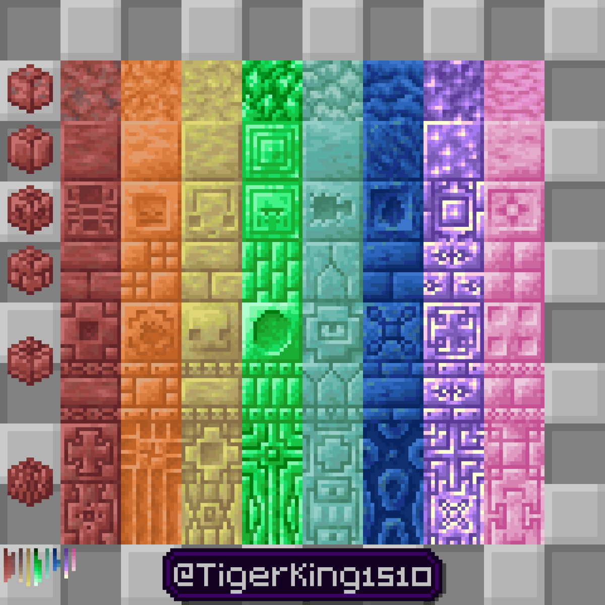 TigerKing1510's tweet photo. Deberían añadir más ladrillos de colores con otros materiales:
Cinabrio-rojo
Realgar-naranja
Azufre-amarillo
Esmeralda-verde
Prismarina-celeste
Lapislázuli-azul
Amatista-morado
Cuarzo rosa-rosado

#Minecraft #Pixelart #MinecraftPixelart #MinecraftIdea https://t.co/wxbTbXNilg