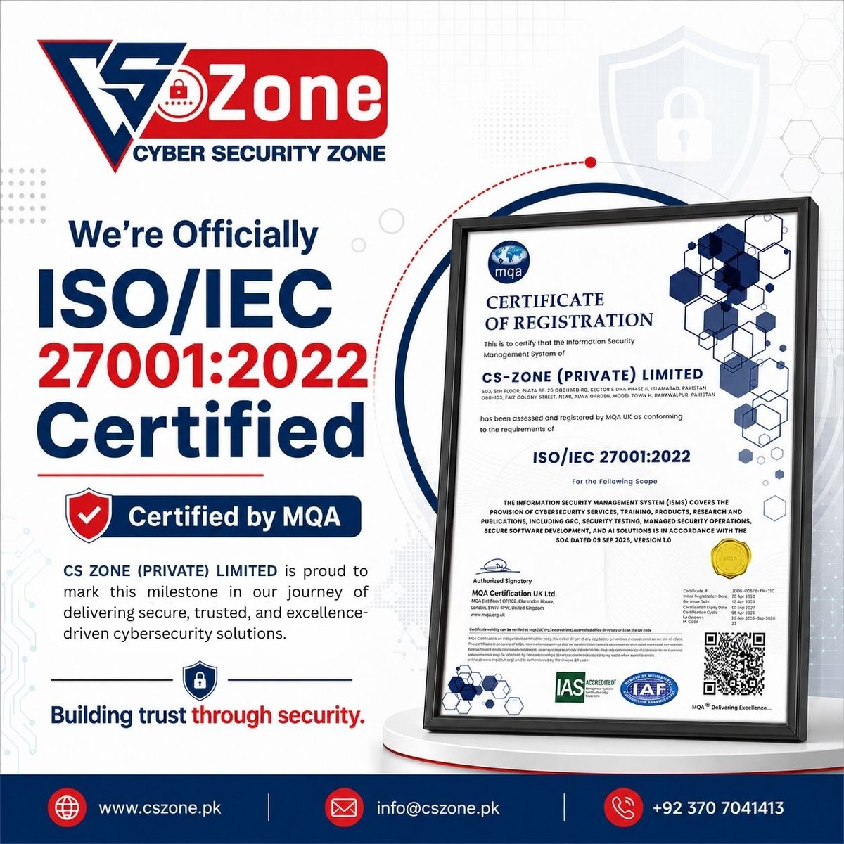 CSZone_pk's tweet photo. 𝐂𝐒 𝐙𝐨𝐧𝐞 𝐢𝐬 𝐈𝐒𝐎/𝐈𝐄𝐂 𝟐𝟕𝟎𝟎𝟏:𝟐𝟎𝟐𝟐 𝐂𝐞𝐫𝐭𝐢𝐟𝐢𝐞𝐝 
At 𝐂𝐒 𝐙𝐨𝐧𝐞, we build trust through world-class security and resilient operations. 🔐

🌐 https://t.co/RZrVKyDhyP
#CSZone #ISO27001 #CyberSecurity #InformationSecurity #Certified https://t.co/CufgAZrMMQ
