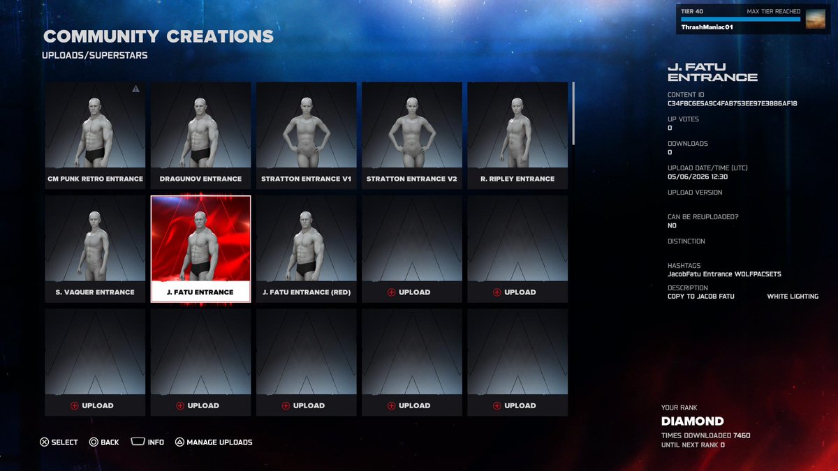 WolfpacSets_'s tweet photo. Jacob Fatu’s Updated Entrance now on CC! 

Made two entrances. I personally prefer the Red Lighting but I created two options to choose from. Also comes with a custom Championship entrance 🔥

Tags:
JacobFatu
Entrance 
WolfpacSets 
#WWE2K26 https://t.co/ylGRG69OFg