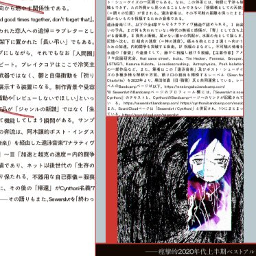 telepath_yukari's tweet photo. インディペンデントな音楽批評を発信し続ける音楽誌〈痙攣〉。
その壮大な20年代上半期ベストが、遂に一般販売開始されました。
レヴュー陣の文章が圧巻です。
私もsewerslvt、『Heisei No Oto』、NEPTUNIAN MAXIMALISM、青葉市子、結束バンド作品のレヴューで参加しています。
皆さんぜひ、ご一読を。 https://t.co/fknEDtfJWp