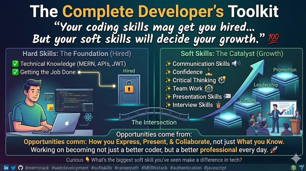 techbyrajit's tweet photo. Coding gets you opportunities.
Soft skills help you keep and grow them. https://t.co/zIhUXlPWO3