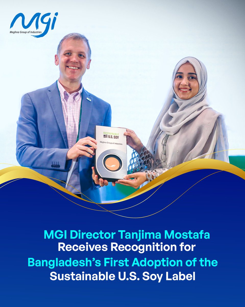 MGI_BD's tweet photo. Tanjima Mostafa, Director of MGI, received the Sustainable U.S. Soy certification from Kevin M. Roepke of USSEC at InterContinental Dhaka.

MGI is the first in Bangladesh to adopt the label, reinforcing its commitment to responsible sourcing.

#MGI #BreakingBoundaries https://t.co/0Aq71R5420