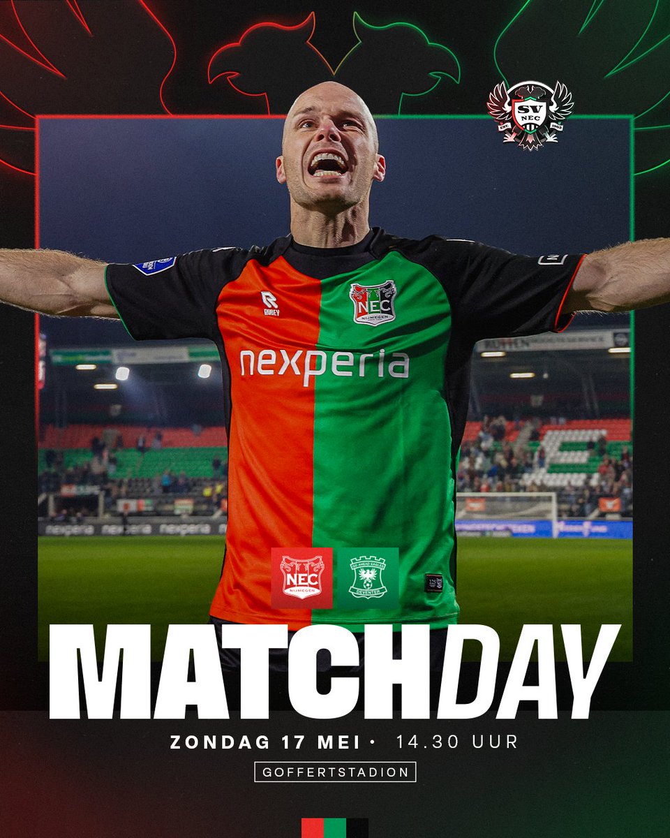 SVNEC's tweet photo. Matchday!

Alles nog om voor te strijden voor NEC in de laatste speelronde. Go Ahead Eagles komt op bezoek in Nijmegen. Nog één keer alles geven!
#necgae #necnijmegen https://t.co/6SNnJgINrX