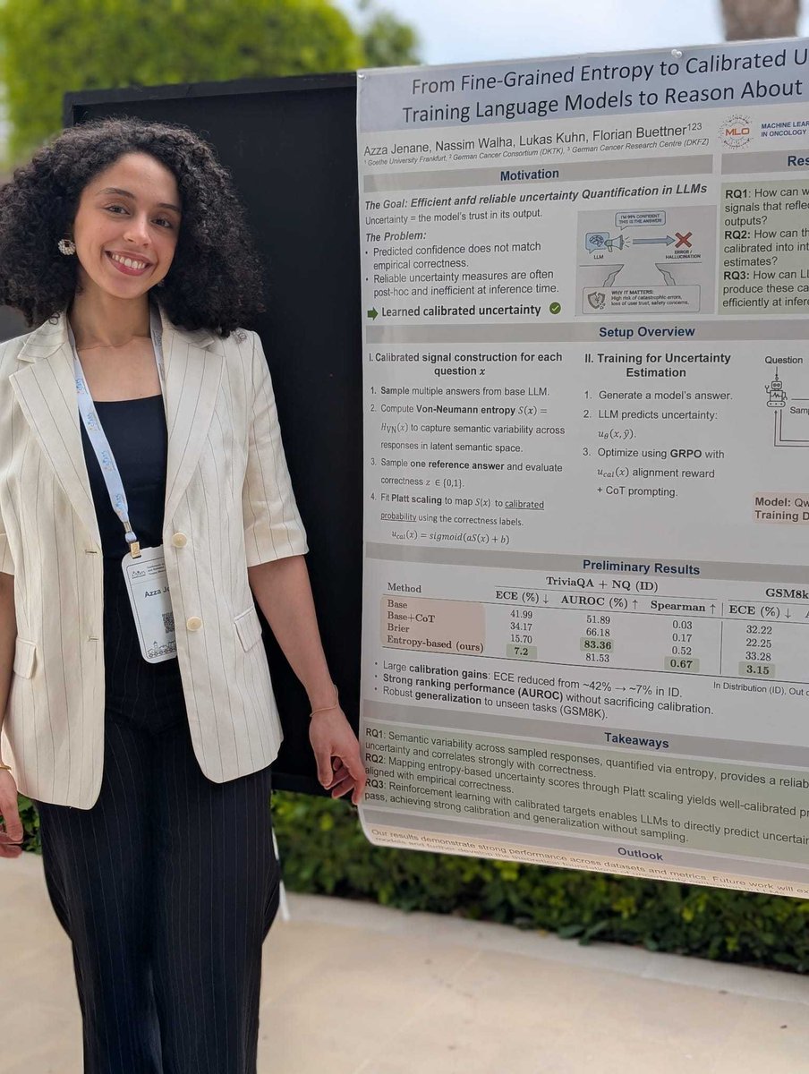 mlo_lab's tweet photo. Azza presented “From Entropy to Calibrated Uncertainty: Training Language Models to Reason About Uncertainty” at the AISTATS Workshop on Calibration for Modern AI where she won the Best Student Paper Award!

Congratulations, Azza! 🎉 https://t.co/xoCe7sOEYH