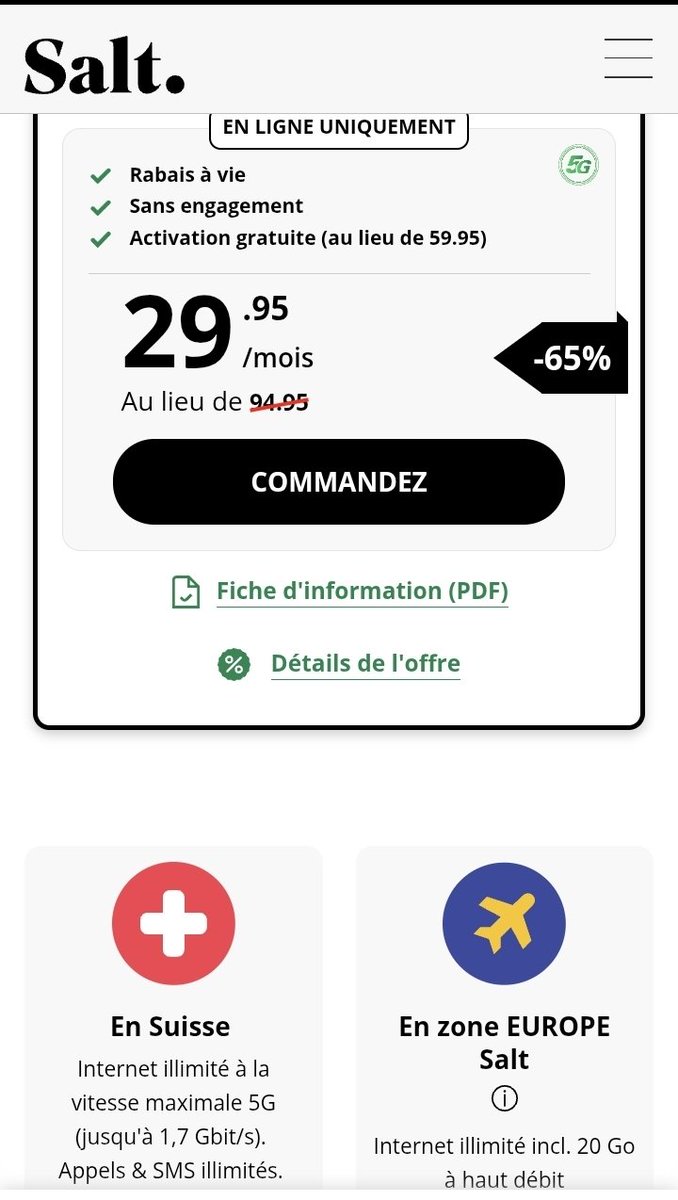 🇨🇭 Mieux que certains de nos petits opérateurs français, Salt renouvelle le full illimité en Suisse sans Fair Use et 20 Gb en Europe puis débit réduit en ce moment pour moins de 30 CHF (33€) sans frais d'activation 👀