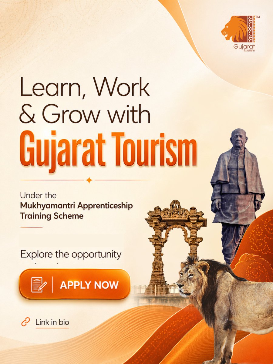 GujaratTourism's tweet photo. Begin your journey with Gujarat Tourism through hands-on experience that helps you learn, grow and build a strong career foundation. Through the Mukhyamantri Apprenticeship Training Scheme, explore diverse roles and take your first step towards a meaningful professional path.

Explore the opportunity and apply now. apply here: https://t.co/9coWMpPGmT

#GujaratTourism #CareerWithGujarat #MukhyamantriApprenticeship