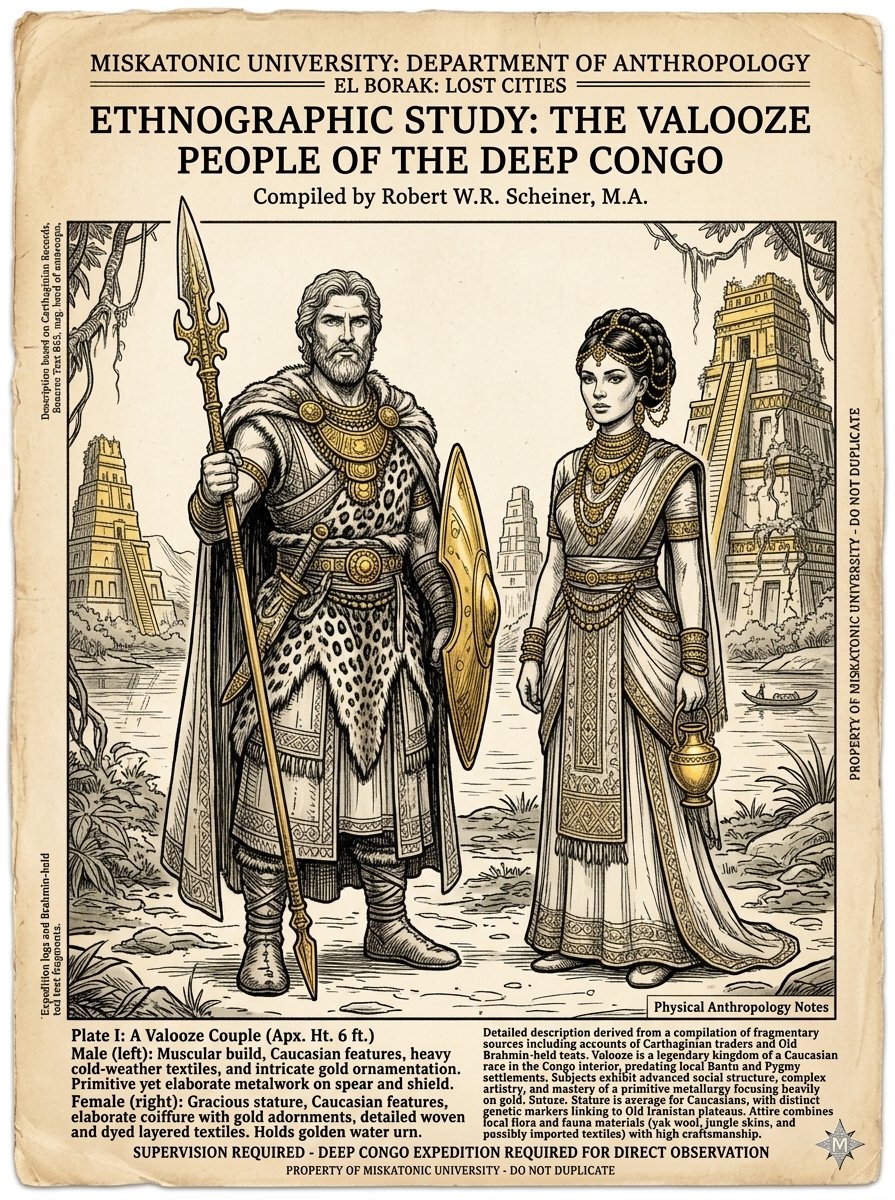 MISKATONIC UNIVERSITY: DEPARTMENT OF ANTHROPOLOGY

ETHNOGRAPHIC STUDY: THE VALOOZE OF THE CONGO BASIN

Compiled by Robert W.R. Scheiner, M.A. Miskatonic University. 

Physical Anthropology Notes

Plate II: A Valooze Noble Couple (est. Ht. 6 ft. 1 in.)

Male (left): Exhibits