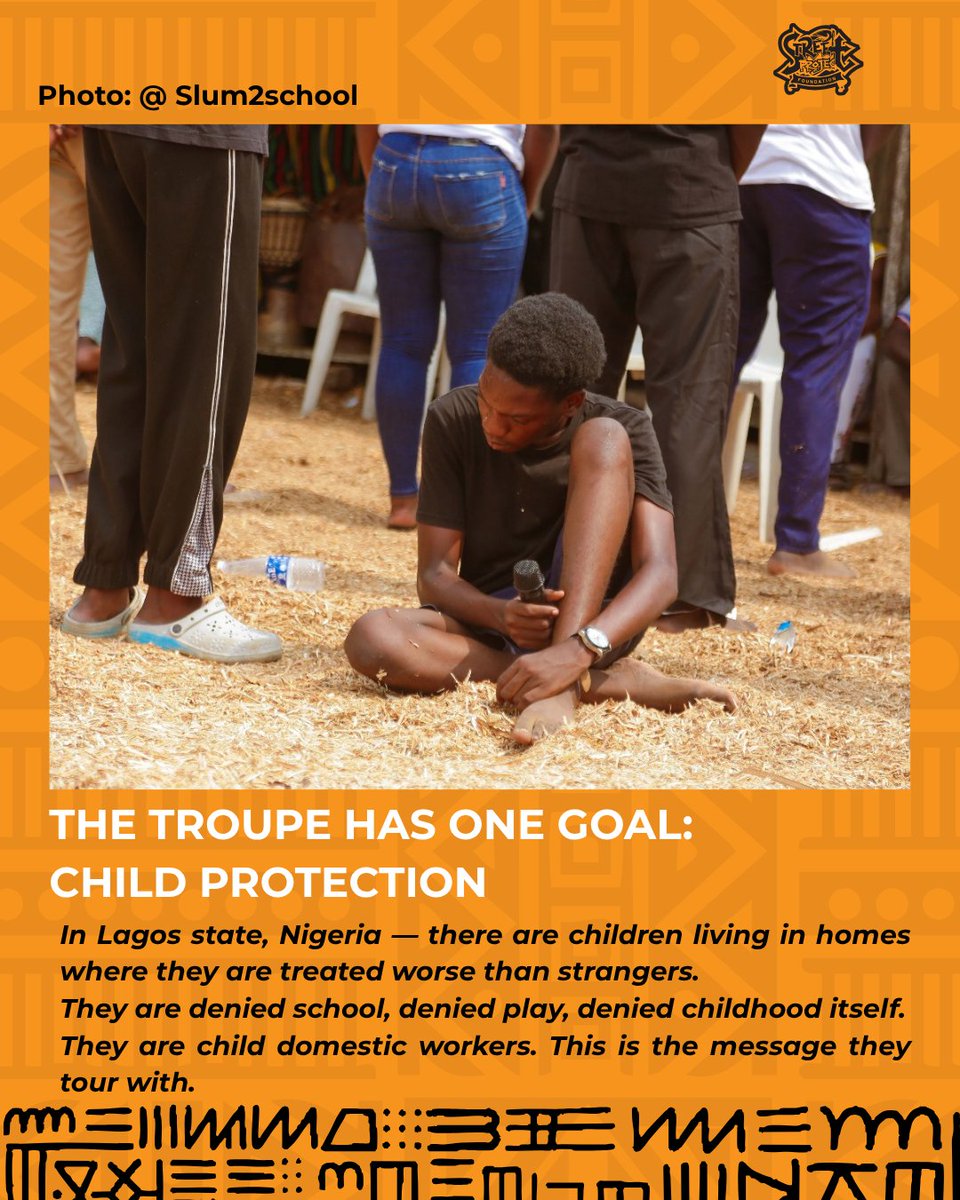 StreetProject1's tweet photo. They didn’t wait for a stage. They took the stage to the streets.

A troupe of young performers is touring Lagos, shapeshifting into every space that will have them, because the message of protecting child domestic workers belongs in every room, with every community.

Swipe through and learn more about this movement. 👇🏾

#Artvocacy #Lagos #CommunityTheatre #FreedomFund  #ChildRights