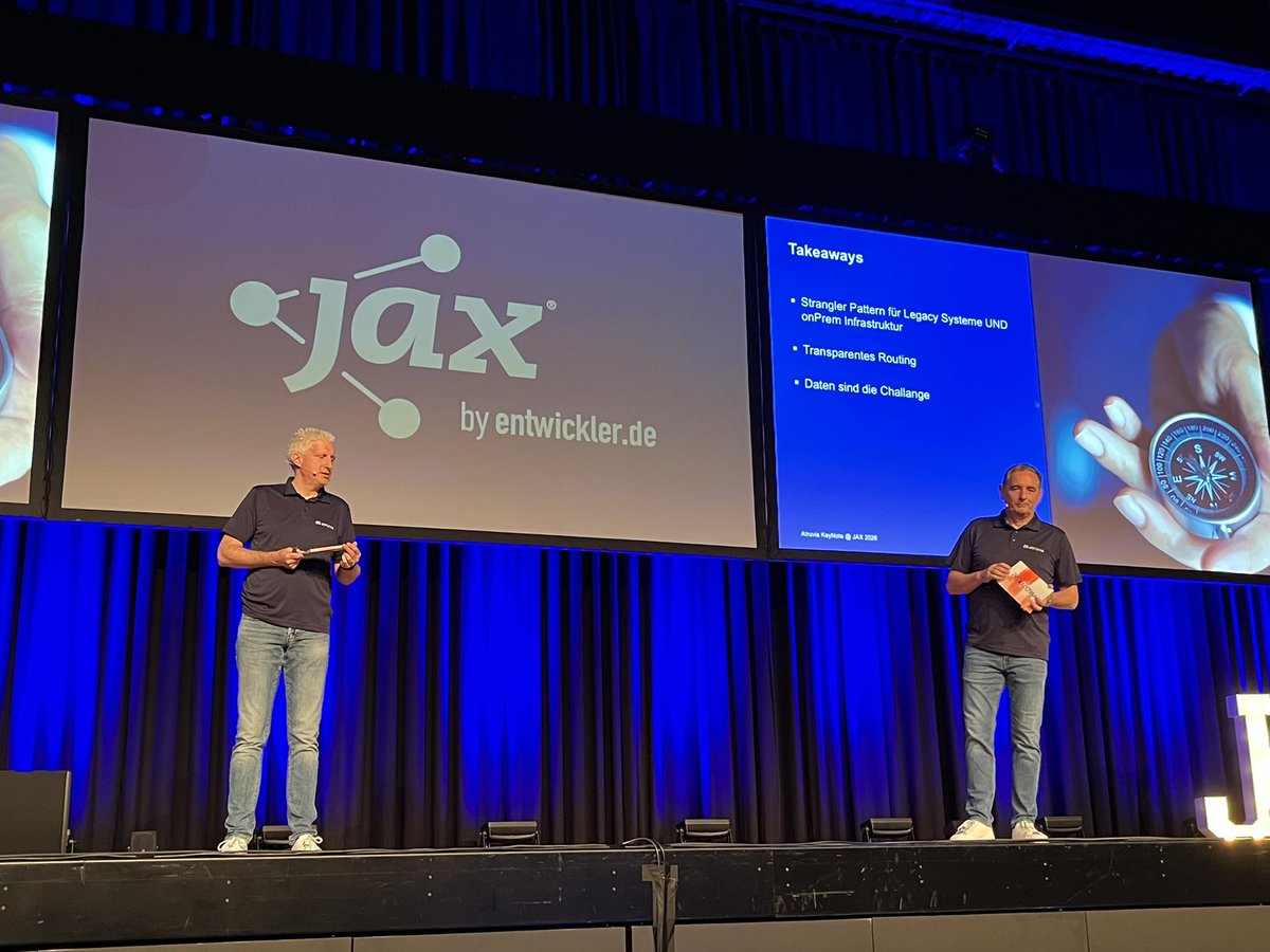 wolflook's tweet photo. Takeaways from the Atruvia AG keynote “Platform migration to the public cloud during ongoing operations” by Christian Kemper and Michael Schöck at the JAX 2026 conference in the Rheingoldhalle Mainz @jaxcon https://t.co/joomyWW6V2