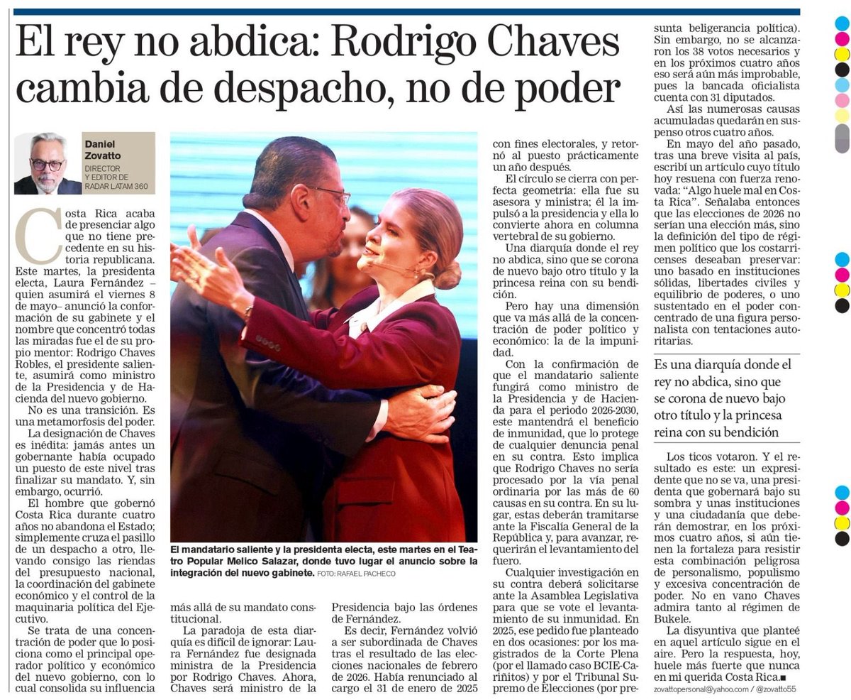 *Crónica de una sumisión anunciada*.

Este viernes 8 de mayo, Costa Rica vivirá un hecho inédito en su historia republicana: la nueva presidenta, Laura Fernández, asumirá el poder tras designar en su Gabinete a su mentor político y actual mandatario, Rodrigo Chaves, como ministro
