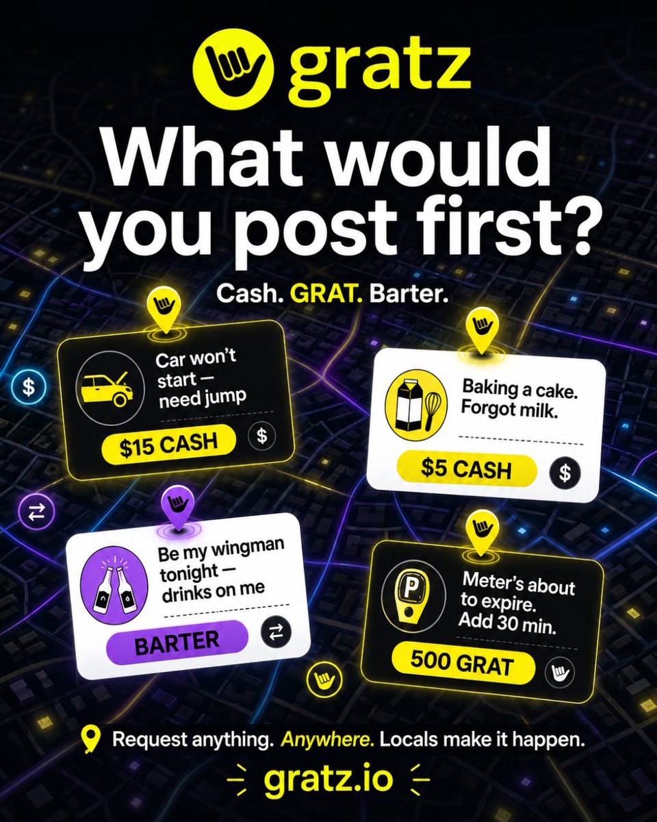 gratz_io's tweet photo. What would you post first ?

A jump start.
Forgotten milk.
Someone to add time to your parking meter.
A wingman for drinks.

Cash. GRAT. Barter.

Request anything. Anywhere...  Locals make it happen!
https://t.co/Rp9q441xjc https://t.co/UM686uJVY4