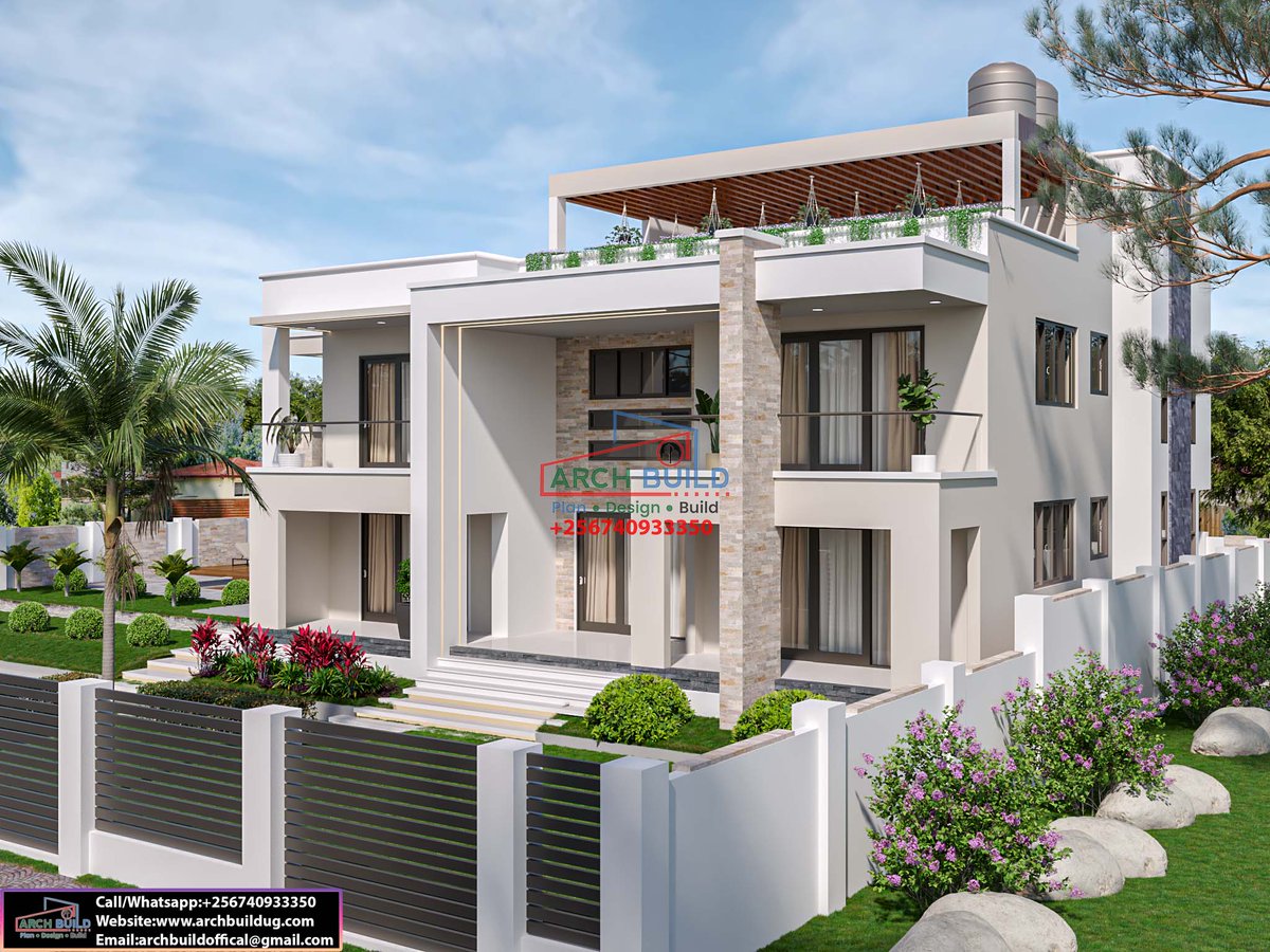 ArchBuildUg's tweet photo. 5–Bedroom modern home designed to fit on a plot of 100*100 ft           
GROUND FLOOR           
• Sitting room           
• Outdoor lounge           
• Indoor dining           
• Outdoor dining           
• Open kitchen           
• Breakfast dining           
• Pantry           
• Laundry           
• Kitchen veranda           
• Visitors’ bedroom self-contained with a veranda           
• General bath           
• House help
• Swimming Pool
      
FIRST FLOOR           
• Family lounge           
• Family balcony           
• Home office           
• Office balcony           
• Master bedroom. 7* designed           
• Master balcony           
• Walk-in closet with his and hers           
• Master bath           
• Study/prayer room              
• Boys’ bedroom self-contained with a walk-in closet    
• Girls’ room self-contained with a walk-in closet  ___________________________________          
Plan Design Build    
__________________________________           
To get in touch with us,           
Call/WhatsApp: ￼⁨0740933350           
Email: archbuildoffical@gmail.com
