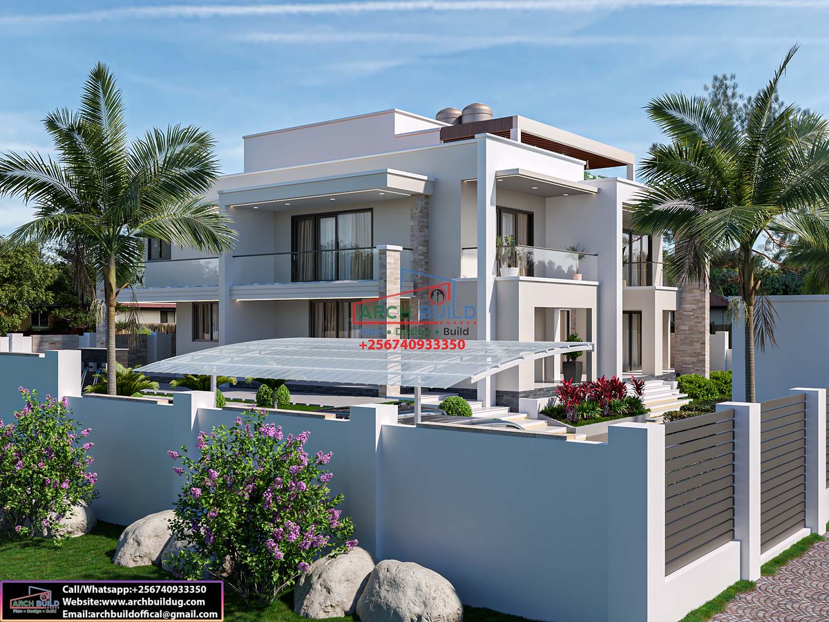 ArchBuildUg's tweet photo. 5–Bedroom modern home designed to fit on a plot of 100*100 ft           
GROUND FLOOR           
• Sitting room           
• Outdoor lounge           
• Indoor dining           
• Outdoor dining           
• Open kitchen           
• Breakfast dining           
• Pantry           
• Laundry           
• Kitchen veranda           
• Visitors’ bedroom self-contained with a veranda           
• General bath           
• House help
• Swimming Pool
      
FIRST FLOOR           
• Family lounge           
• Family balcony           
• Home office           
• Office balcony           
• Master bedroom. 7* designed           
• Master balcony           
• Walk-in closet with his and hers           
• Master bath           
• Study/prayer room              
• Boys’ bedroom self-contained with a walk-in closet    
• Girls’ room self-contained with a walk-in closet  ___________________________________          
Plan Design Build    
__________________________________           
To get in touch with us,           
Call/WhatsApp: ￼⁨0740933350           
Email: archbuildoffical@gmail.com