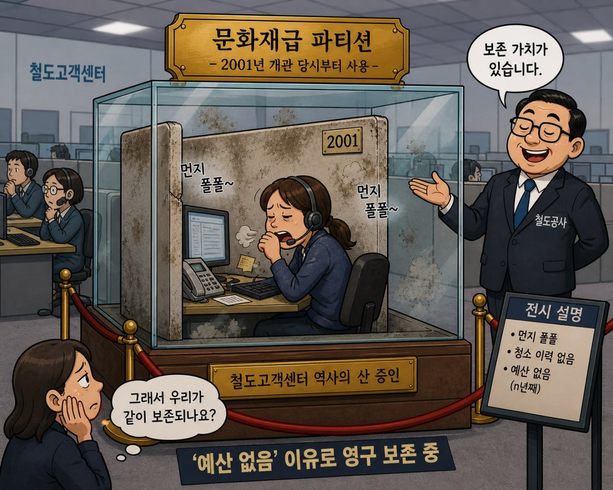 철도 대전 조차장 현장신문 <노동자투쟁> 3호 만평입니다.
(관련 기사: 먼지가 폴폴 나오는 문화재급 파티션)

기사 본문은 페이스북, 인스타그램, 텔레그램 채널에서 보실 수 있습니다.