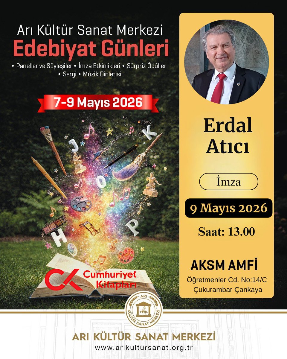 cumhuriyetkm_A's tweet photo. Arı Kültür Sanat Merkezi Edebiyat Günleri, 7-8-9 Mayıs 2026 tarihlerinde yapılıyor,  Ressam Nilüfer Atalay'ın   “Edebiyatçılarımızdan Portreler ‘’  sergisinin yer aldığı etkinlikte, Yazarlarımız, Cumhuriyet Kitapları standında okurlarıyla buluşuyor. https://t.co/ESAfD60vrS