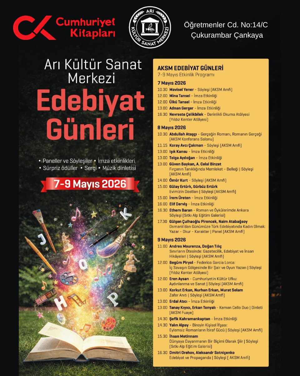 cumhuriyetkm_A's tweet photo. Arı Kültür Sanat Merkezi Edebiyat Günleri, 7-8-9 Mayıs 2026 tarihlerinde yapılıyor,  Ressam Nilüfer Atalay'ın   “Edebiyatçılarımızdan Portreler ‘’  sergisinin yer aldığı etkinlikte, Yazarlarımız, Cumhuriyet Kitapları standında okurlarıyla buluşuyor. https://t.co/ESAfD60vrS