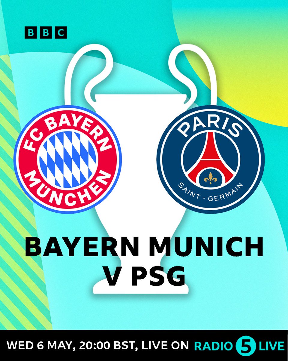 5liveSport's tweet photo. 🏆#UCL SEMI-FINAL🏆

Which of these European giants will face Arsenal in three weeks time? 😬

Listen to live commentary from the Allianz Arena with @ConorMcNamaraIE &amp; @chris_sutton73 👇
📻 https://t.co/NI1sjtHpng

#BBCFootball #FCBM #PSG https://t.co/RmHr5PPkOz