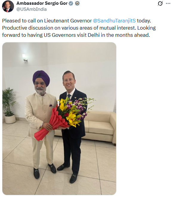 PTI_News's tweet photo. US Ambassador to India Sergio Gor (@USAmbIndia) posts, "Pleased to call on Lieutenant Governor @SandhuTaranjitS today. Productive discussion on various areas of mutual interest. Looking forward to having US Governors visit Delhi in the months ahead." https://t.co/GNxcBZTZF1