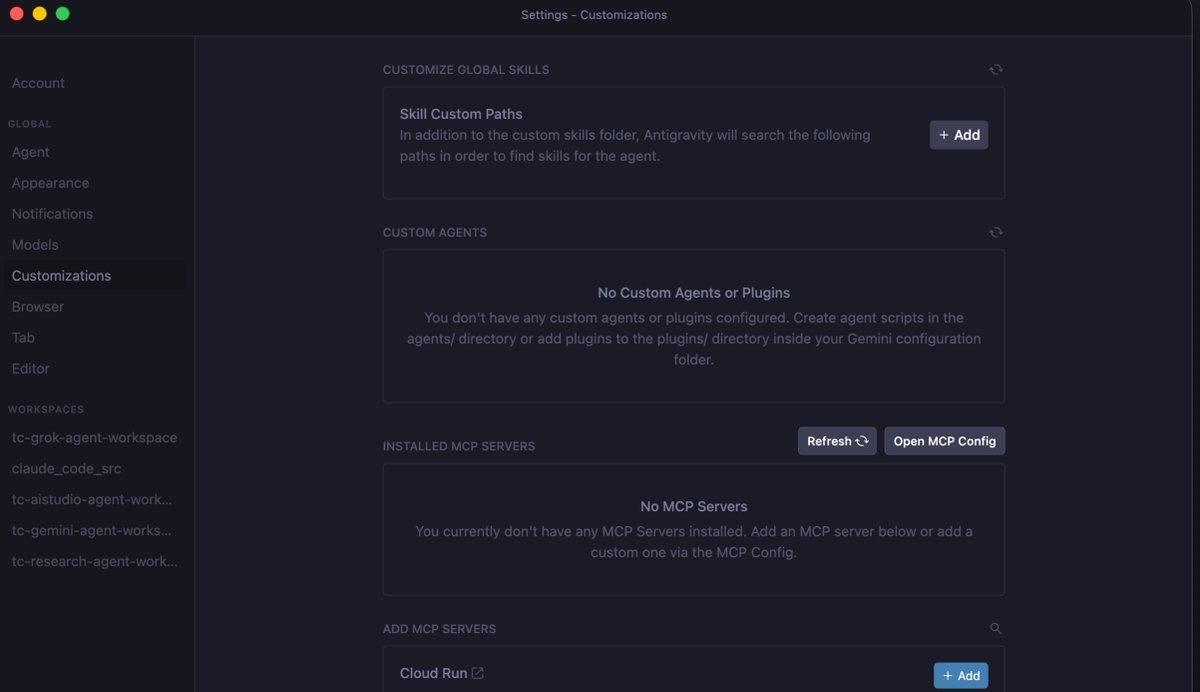 Antigravity Settings showing Custom Agents section, Skill Custom Paths, and MCP Servers configuration panels