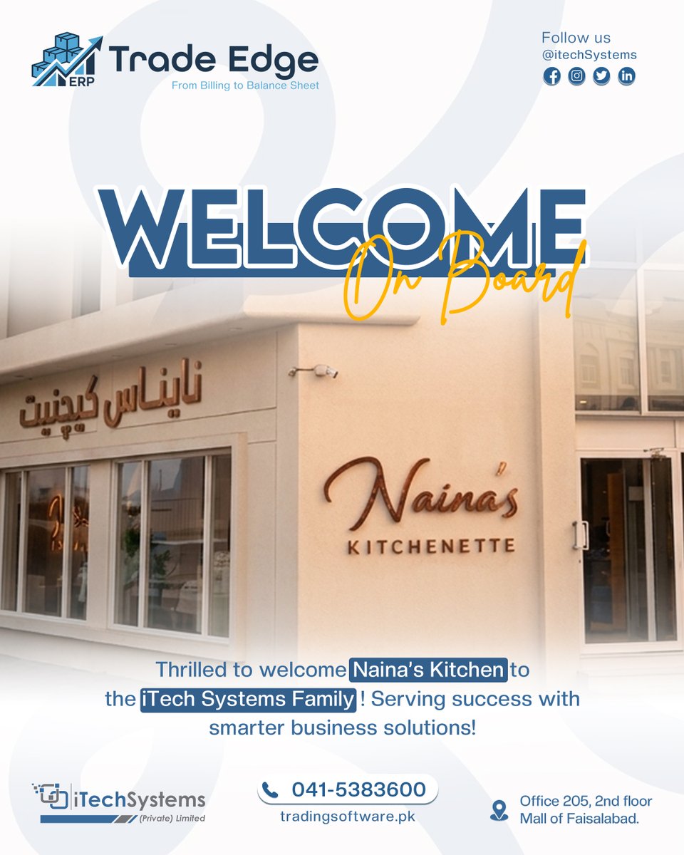iTechPk's tweet photo. Alhamdulillah! 🌟 A heartfelt welcome to Naina’s Kitchenette to the iTech Systems family.
Thank you for trusting our Trade Edge Software to support your business journey with smarter management, efficiency, and growth. 📈
MashaAllah, here’s to a successful partnership ahead! https://t.co/wXsmINVjNd