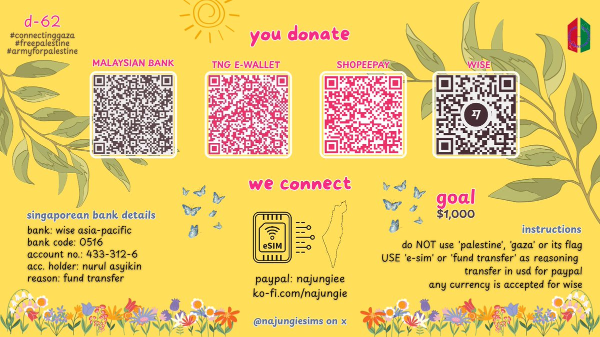 🌼 Donate for eSIMs now D-62! 🌼

❕please make sure to read infos written in the poster before donating❕

🔗 Paypal : paypal.me/najungiee
🔗 Wise : wise.com/pay/me/nurula9…
🔗 Ko-Fi : ko-fi.com/najungie
🔗 Indonesian Shopeepay: sppay.shopee.co.id/qr/00c2e8ad77e…

More info here ➡️