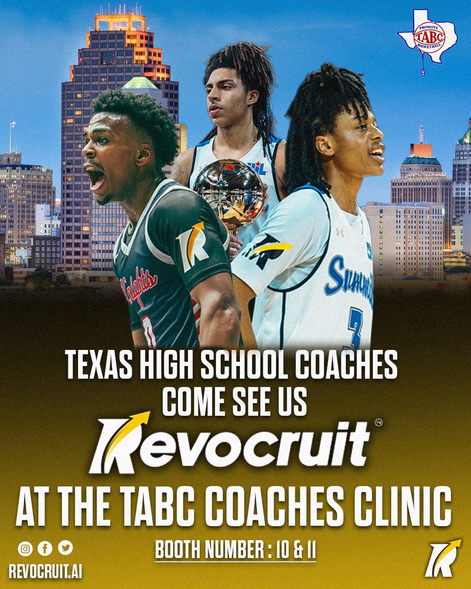 Revocruit's tweet photo. Texas High School Coaches — we’ll see y’all in San Antonio this weekend at the TABC Coaches Clinic.

Come stop by the Revocruit booth and check out how coaches across the country are using the platform to evaluate, organize, and recruit players faster than ever.

Revocruit also helps high school programs increase visibility for their players, making it easier for college coaches at every level to discover, track, and stay connected with talent year-round.

📍 Booths 10 & 11

Transfer Portal. JUCO. HS.
One platform built for coaches.