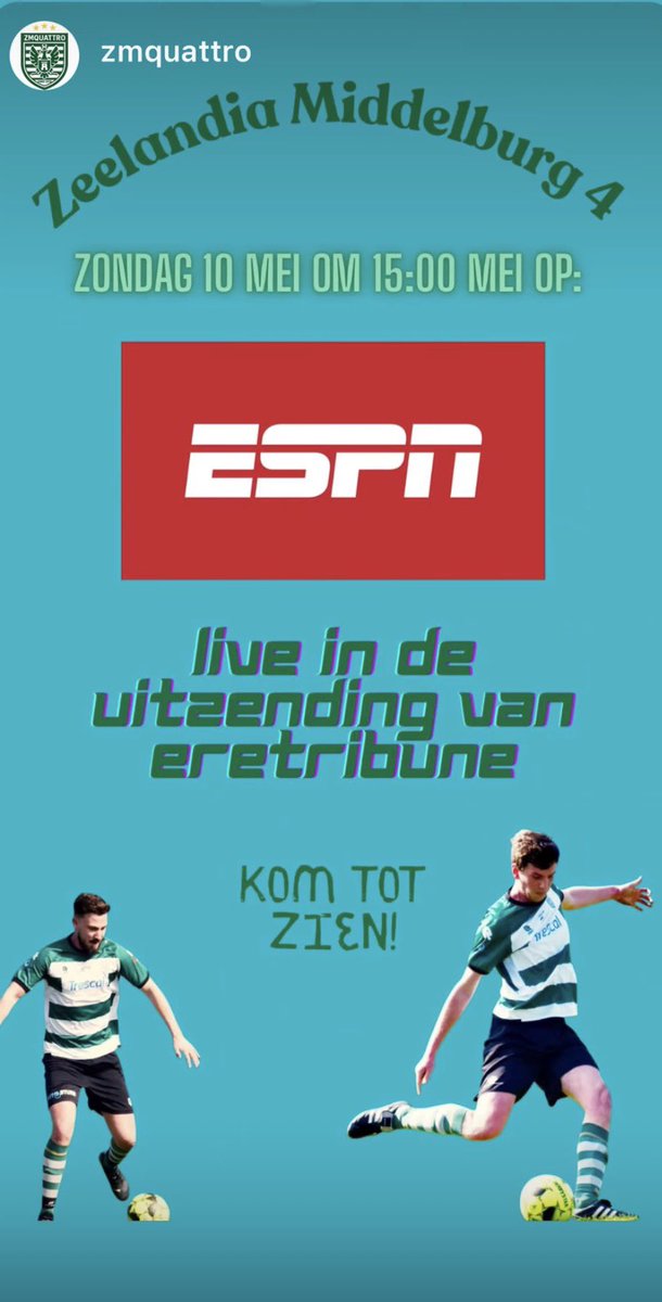 ElzoKlei's tweet photo. Beste X vrienden,
Help ZMQuattro aan stemmen zodat we aanstaande zondag in de live-uitzending van ESPN worden gekozen  voor ‘de Wedstrijd van je Leven’ tegen FC de Rebellen!! #wvjl #fcderebellen. 
STEMMEN VRIENDEN!! 💚🤍🙏 https://t.co/lnMsSYs66l
