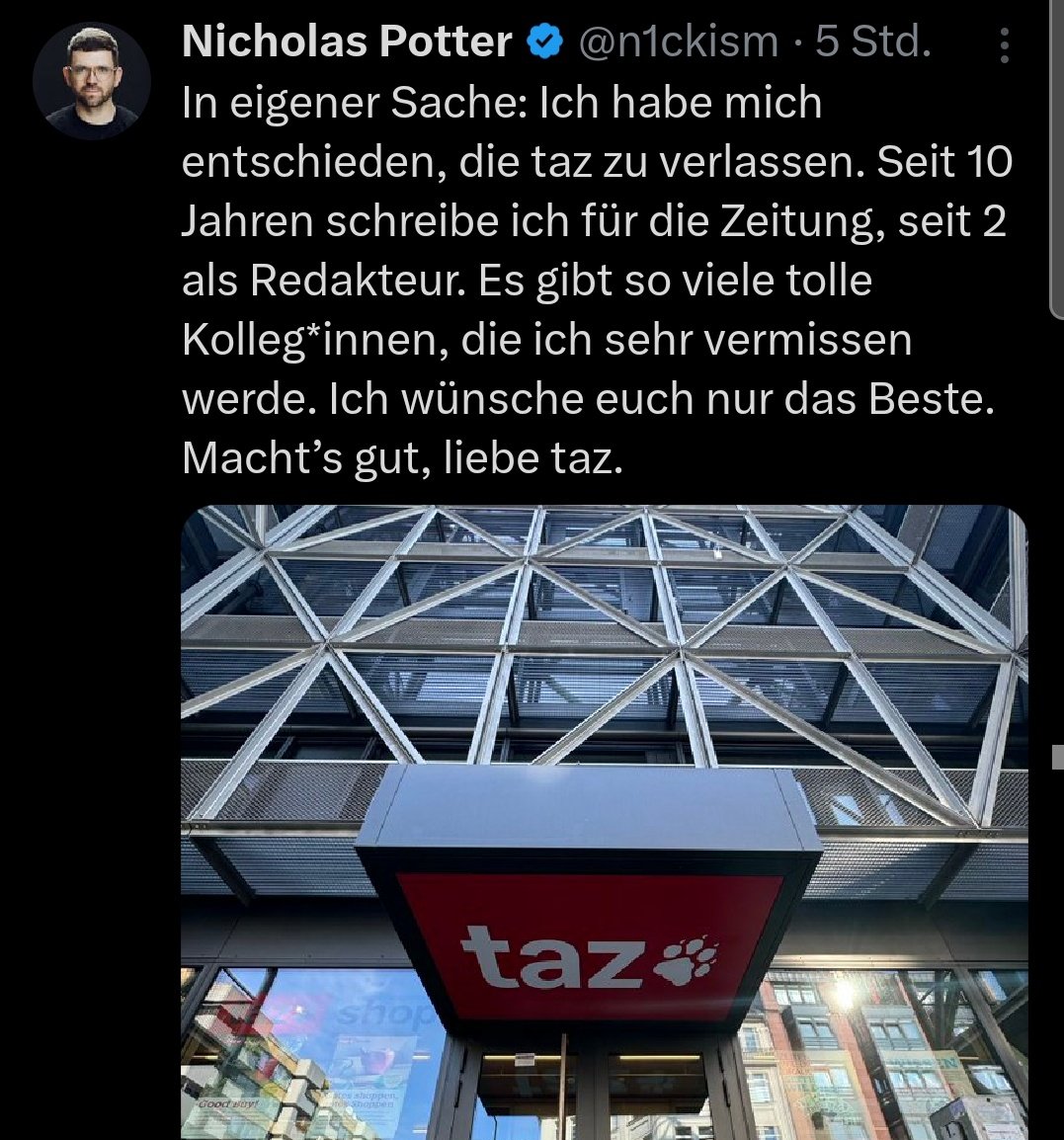 MissGuided21's tweet photo. Nicky @n1ckism verlässt die #taz. Ich wette, er geht zur NZZ oder Zeit oder schlimmeres. Was wettet ihr? https://t.co/Z5wzSh2v7V