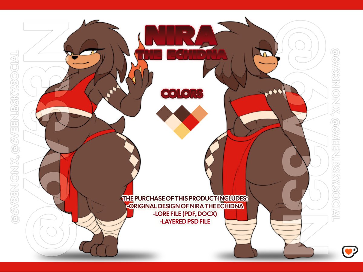 Nira The Echidna is currently up for adoption, you can get her on this link: ko-fi.com/s/f4f8c28d83

She includes:
• Organized PSD file. 
• Watermark-free character image. 
• Lore files (PDF &amp; DOCX).
• Full commercial rights.

#Mobian #SonicOC #Adoptable #FurryArt