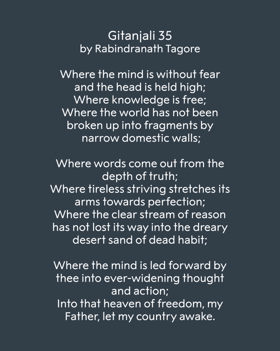 Tomorrow marks the 165th anniversary of Rabindranath Tagore's birthday. We remember the poet by sharing one of his most famous poems, "Gitanjali 35". 

Stay tuned to learn more about Tagore tomorrow.