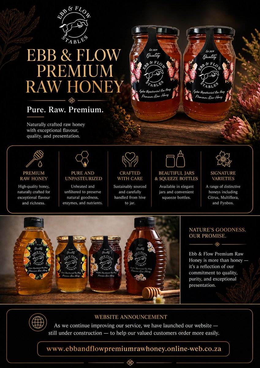 ClintonClark9's tweet photo. Ebb and Flow Premium Raw Honey 🍯
🔥 Hot Honey | 🧄 Garlic | 🍊 Citrus | 🌸 Multiflora

Pure, raw, natural flavour.

New website live — still under construction.
Order: Clinton 083 259 1139
https://t.co/MRf1WbOvGN

#RawHoney #HotHoney #SupportLocalSA #FoodiesSA https://t.co/Sivo4aNmkx