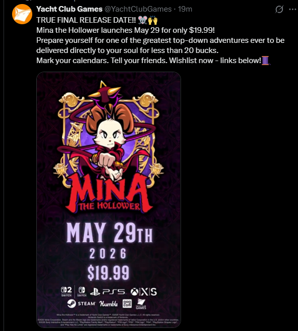 PlayerEssence's tweet photo. Mina The Hollower has been dated for May 29th, 2026 for $19.99! Coming to Nintendo Switch 1 + 2, PS5, Xbox Series and PC / Steam. https://t.co/gCAa8rb1Px